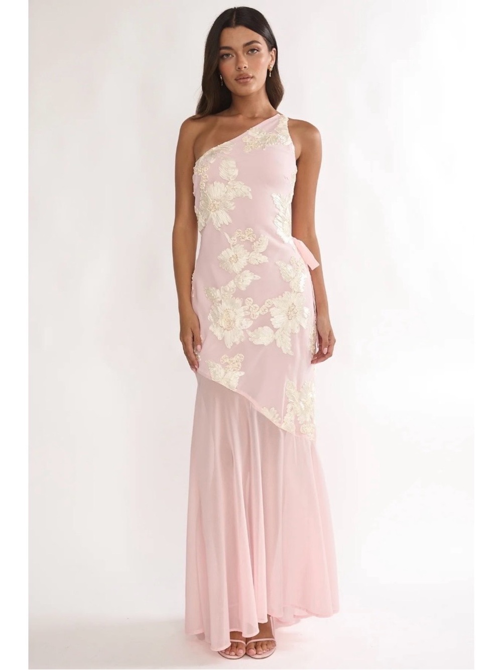 One-Shoulder Blush Pink Evening Gown with Cream Floral Appliqué